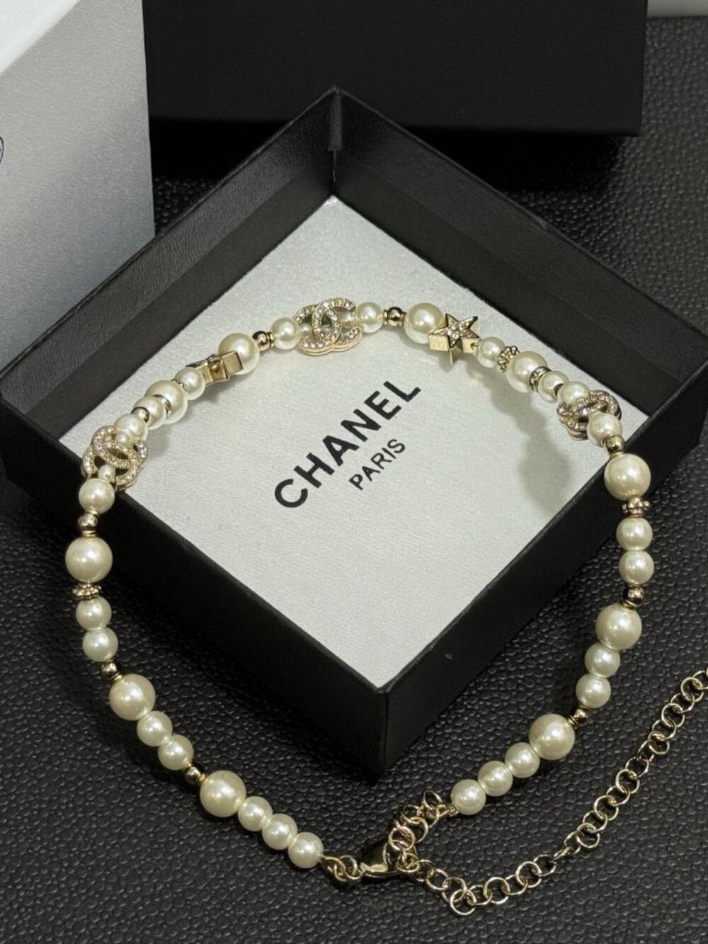 CHANEL CC Logo & Star Crystal Faux Pearl Choker Necklace